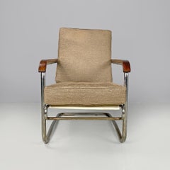Italian Bauhaus armchair chromed metal structure and light brown fabric, 1940s