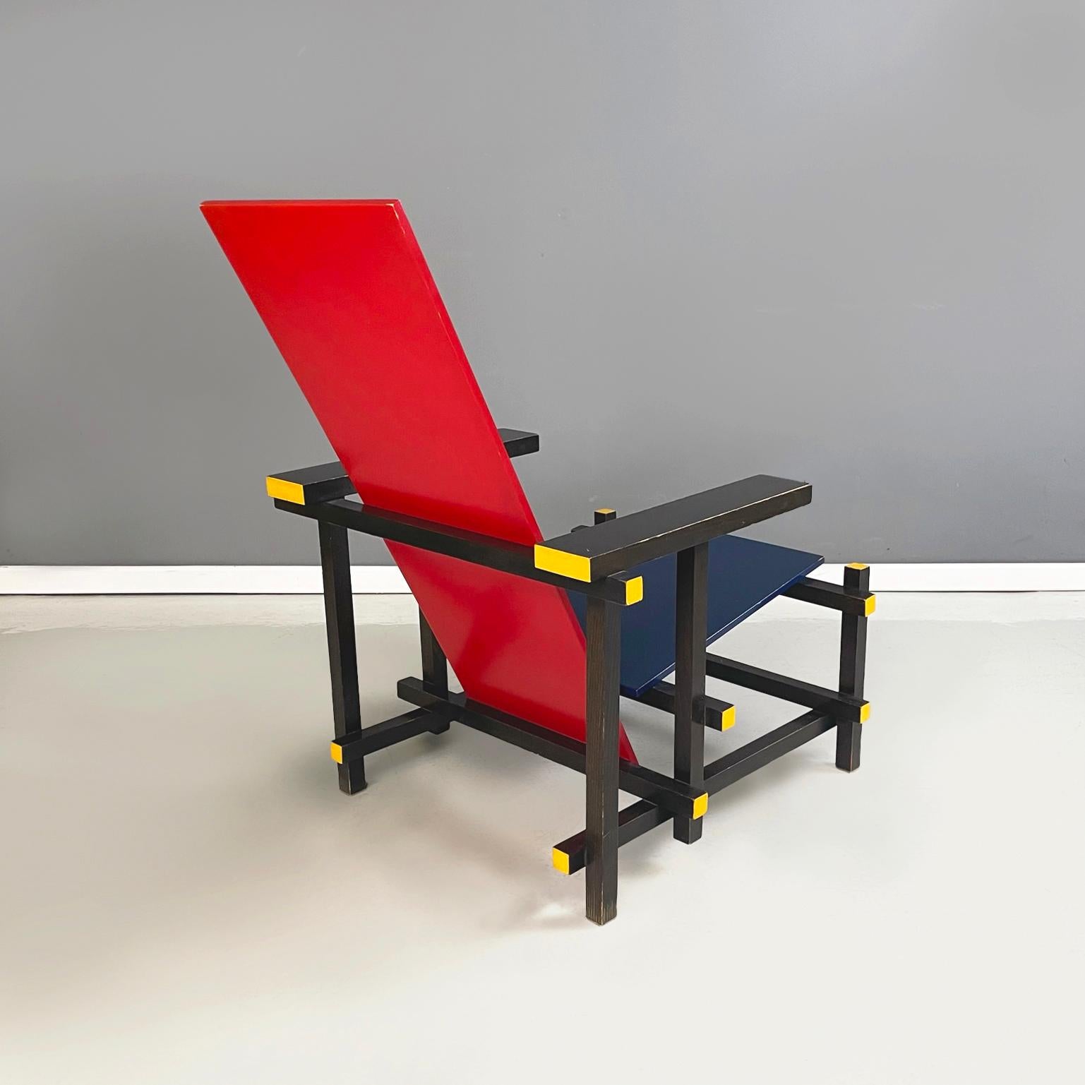 Wood Italian Bauhaus Armchair Red and Blue by Rietveld 1st production Cassina 1971 For Sale