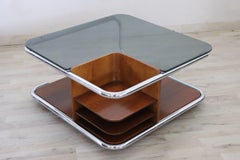 Italian Bauhaus Style Walnut, Glass and Chrome Square Coffee Table, 1970s