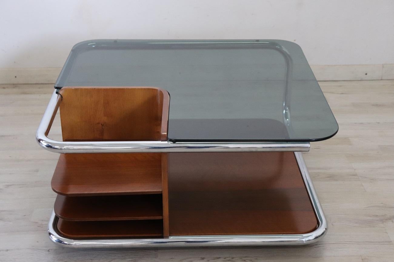 Veneer Italian Bauhaus Style Walnut, Glass and Chrome Square Coffee Table, 1970s