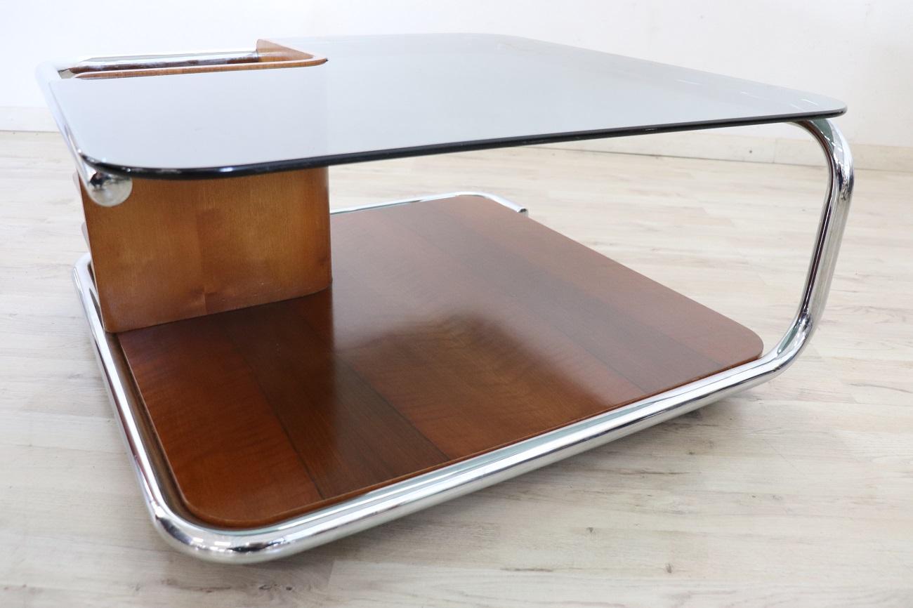 20th Century Italian Bauhaus Style Walnut, Glass and Chrome Square Coffee Table, 1970s