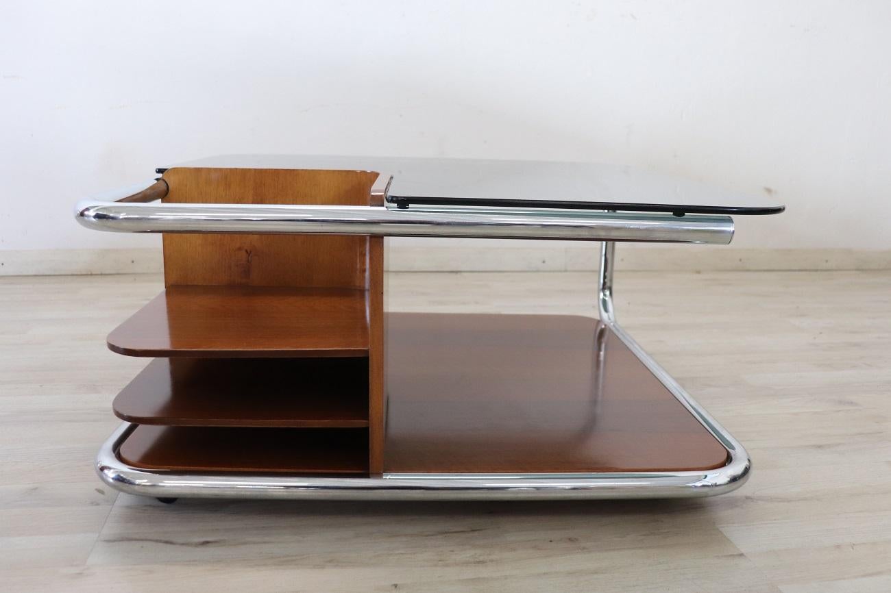 Smoked Glass Italian Bauhaus Style Walnut, Glass and Chrome Square Coffee Table, 1970s