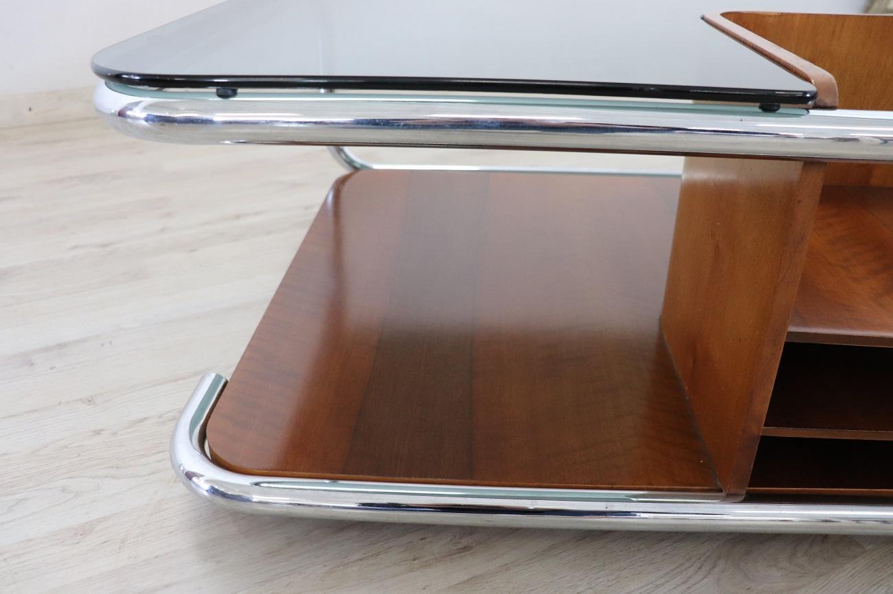 Italian Bauhaus Style Walnut, Glass and Chrome Square Coffee Table, 1970s 2