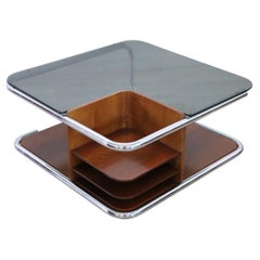 Italian Bauhaus Style Walnut, Glass and Chrome Square Coffee Table, 1970s