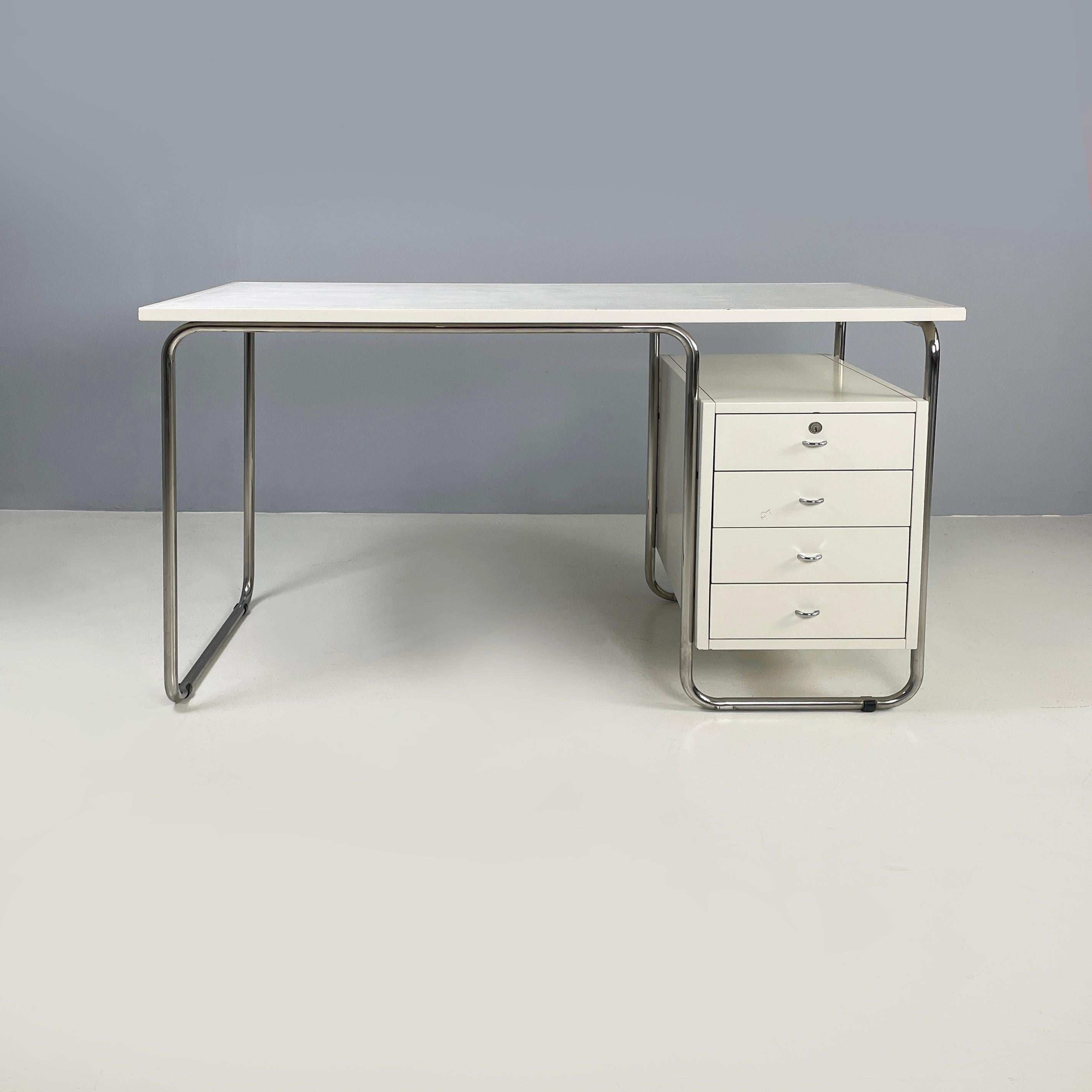 Italian Bauhaus White Desk Comacina by Piero Bottoni for Zanotta, 1980s
Desk mod. Comacina with rectangular wooden top and rectangular insert in white leather. On the side there is a white painted wooden chest of drawers, which has 4 drawers with