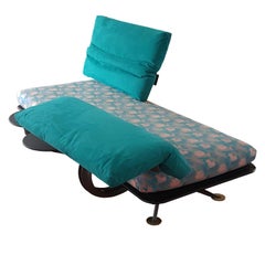 Retro Italian B&B Turquoise and Floreal Fabric Daybed, Sofa with Back Rotation