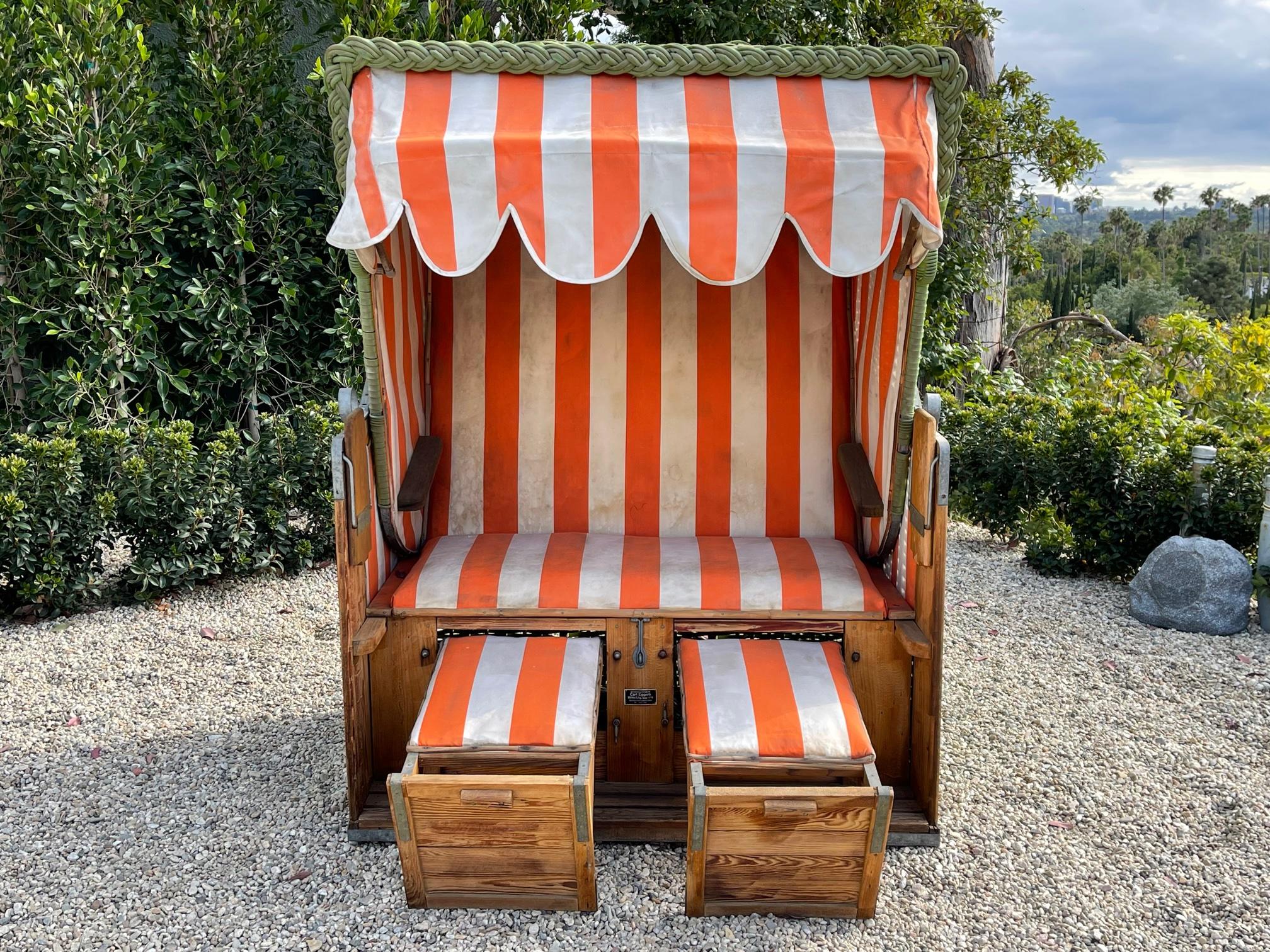 Incredible reclining deck chair / beach Cabana from the early 1900's
Original green woven wicker and striped fabric
Chair reclines and has pull out ottomans
Drink trays that pop up from the side
Great historic piece from the Italian Riviera at the