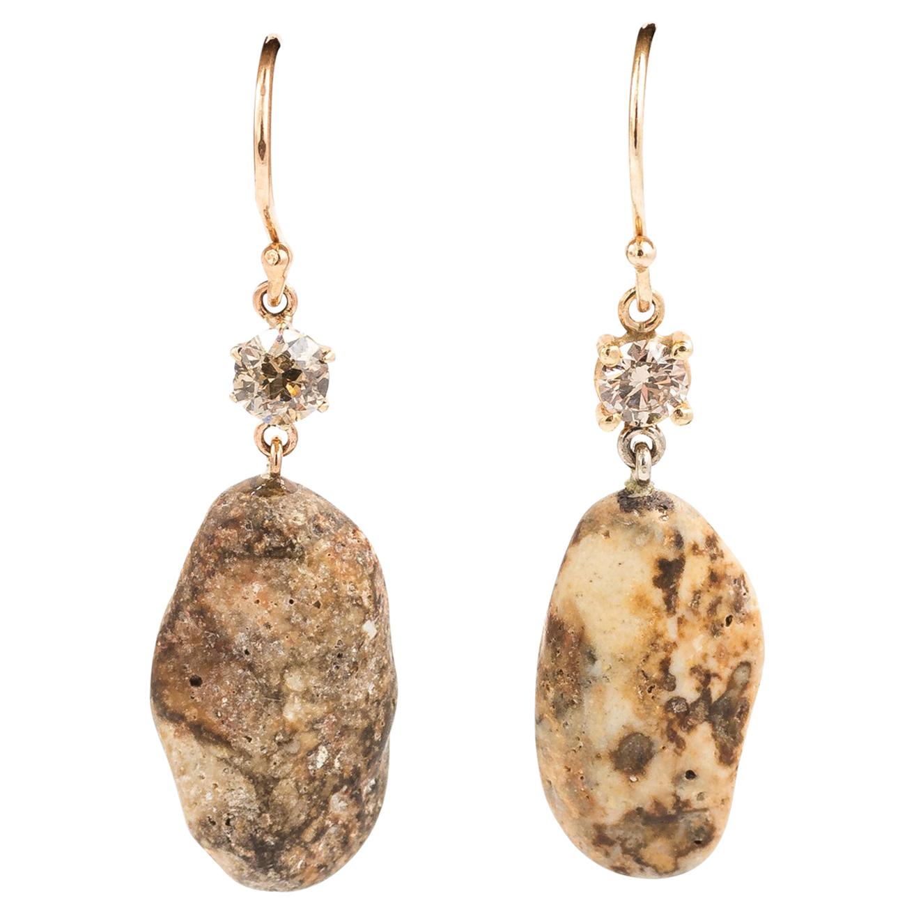 Italian Beach Stone and Brown Diamond Earrings For Sale