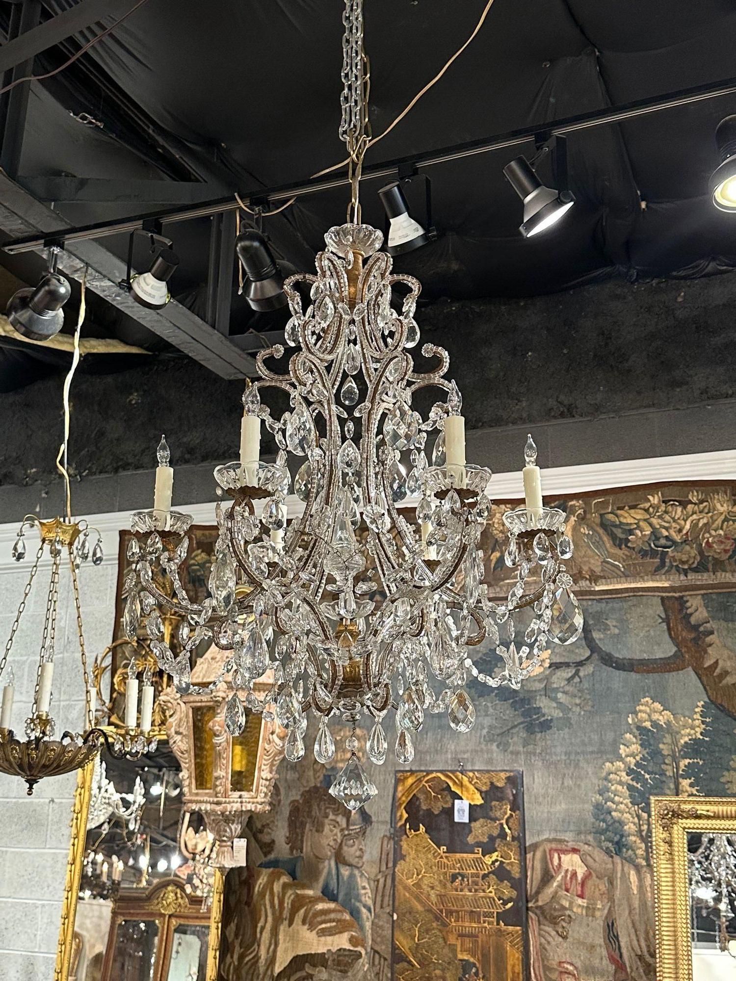 Fine quality late 19th century Italian beaded crystal 6 light chandelier. The chandelier has been professionally re-wired, cleaned and is ready to hang. Includes matching chain and canopy.