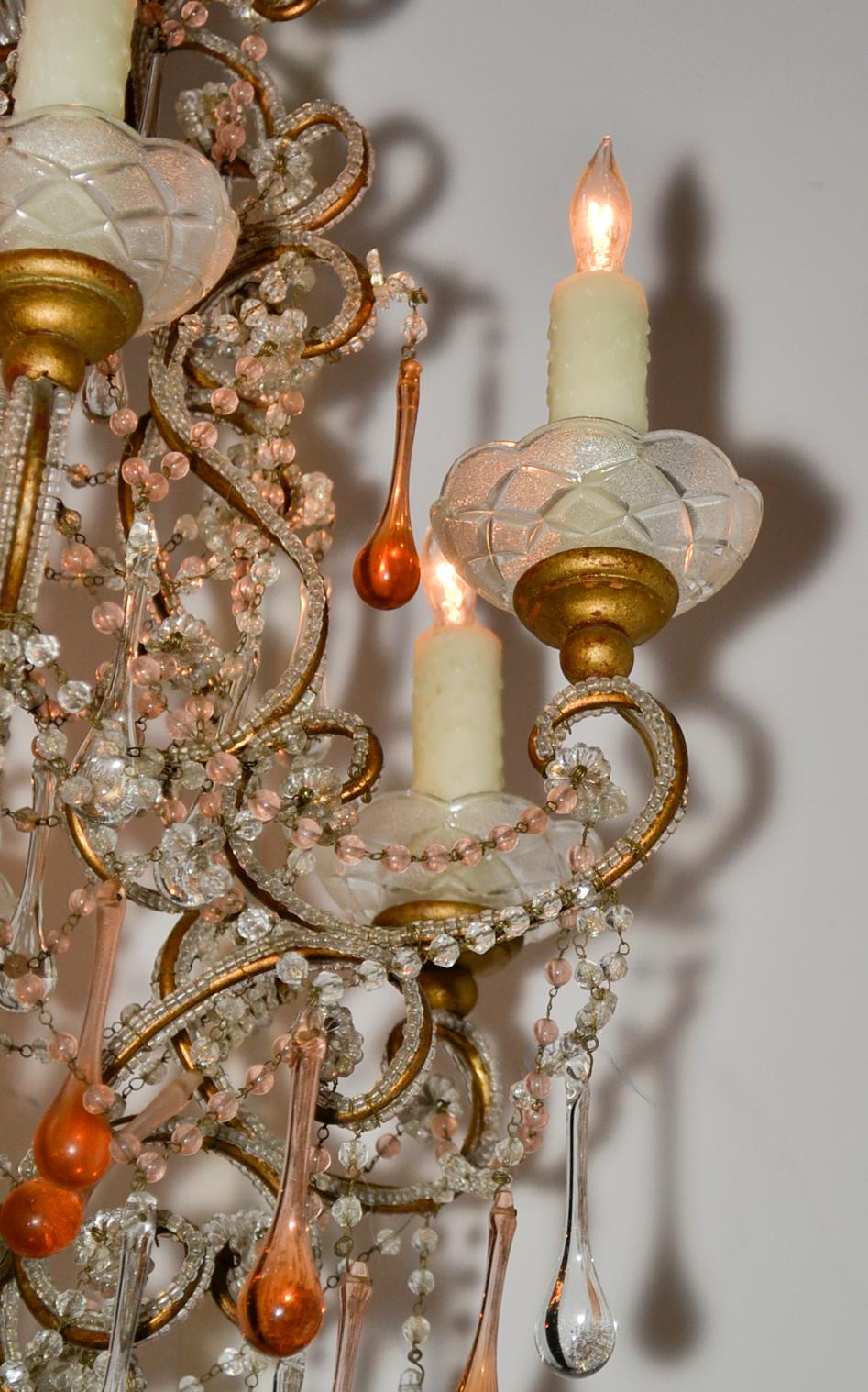 Mid-20th Century Italian Beaded Amber Crystal Chandelier For Sale