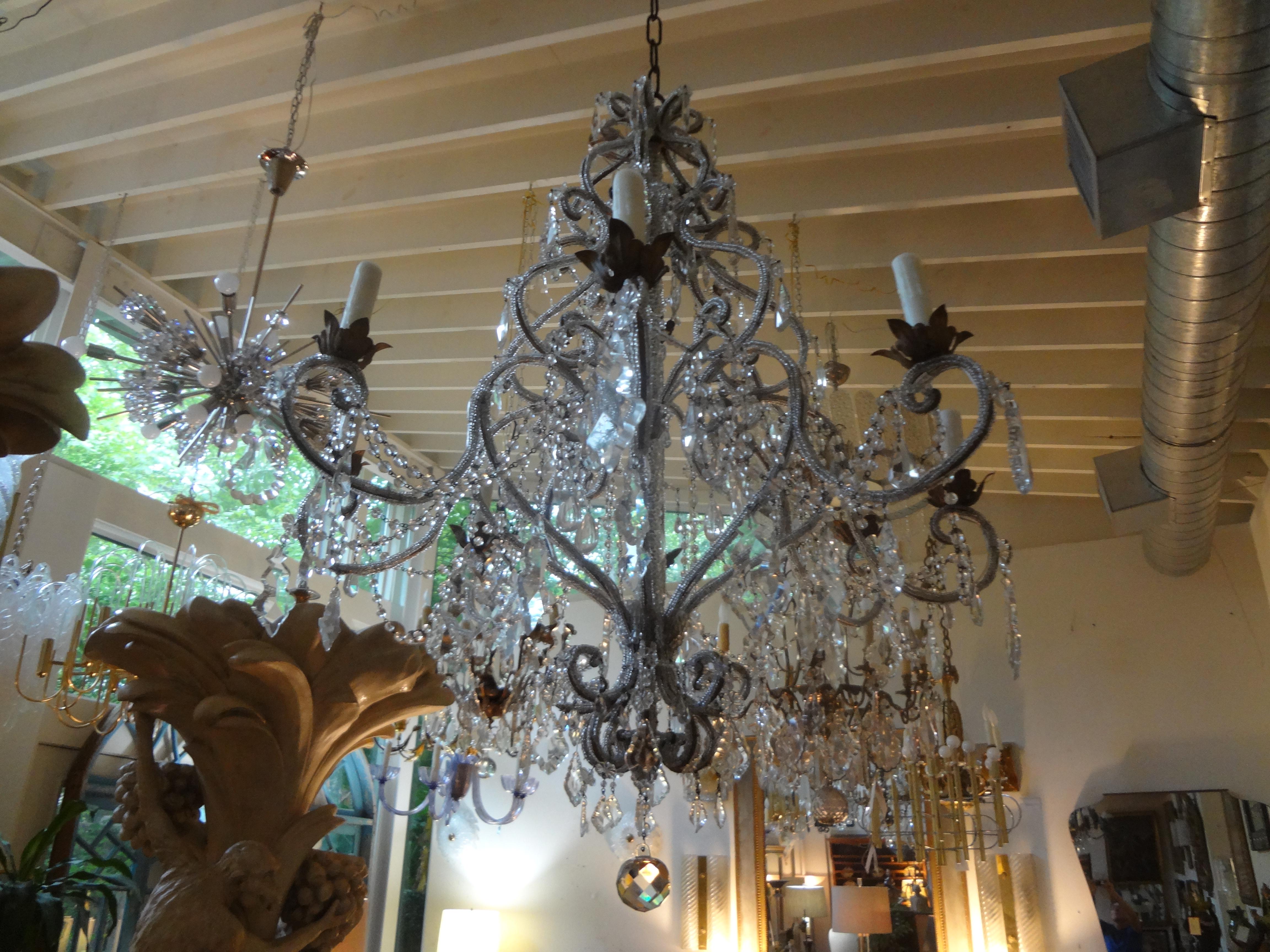 Rococo Monumental Italian Beaded and Crystal Eight-Light Chandelier-Maison Baguès Style