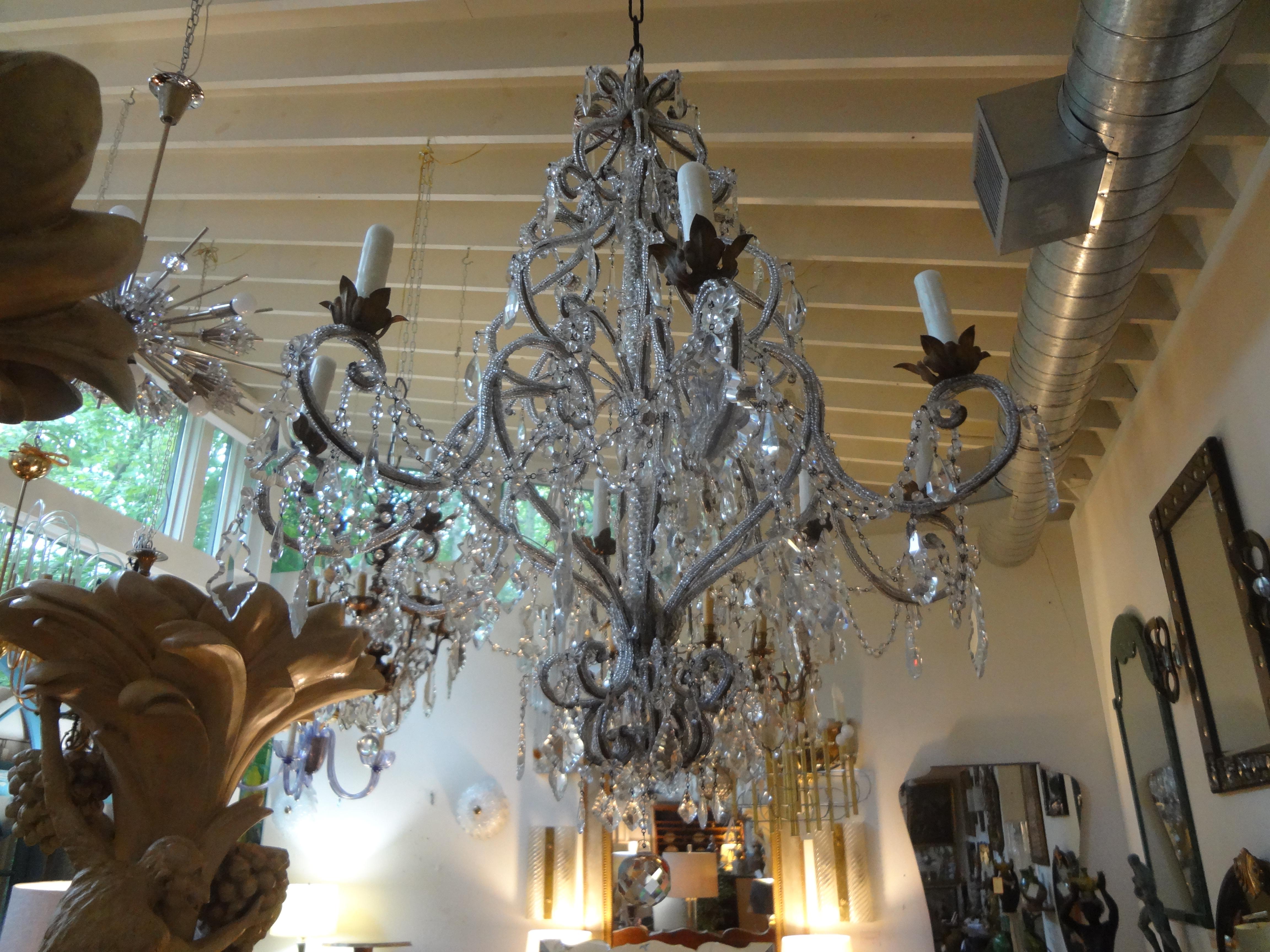 Monumental Italian Beaded and Crystal Eight-Light Chandelier-Maison Baguès Style In Good Condition In Houston, TX