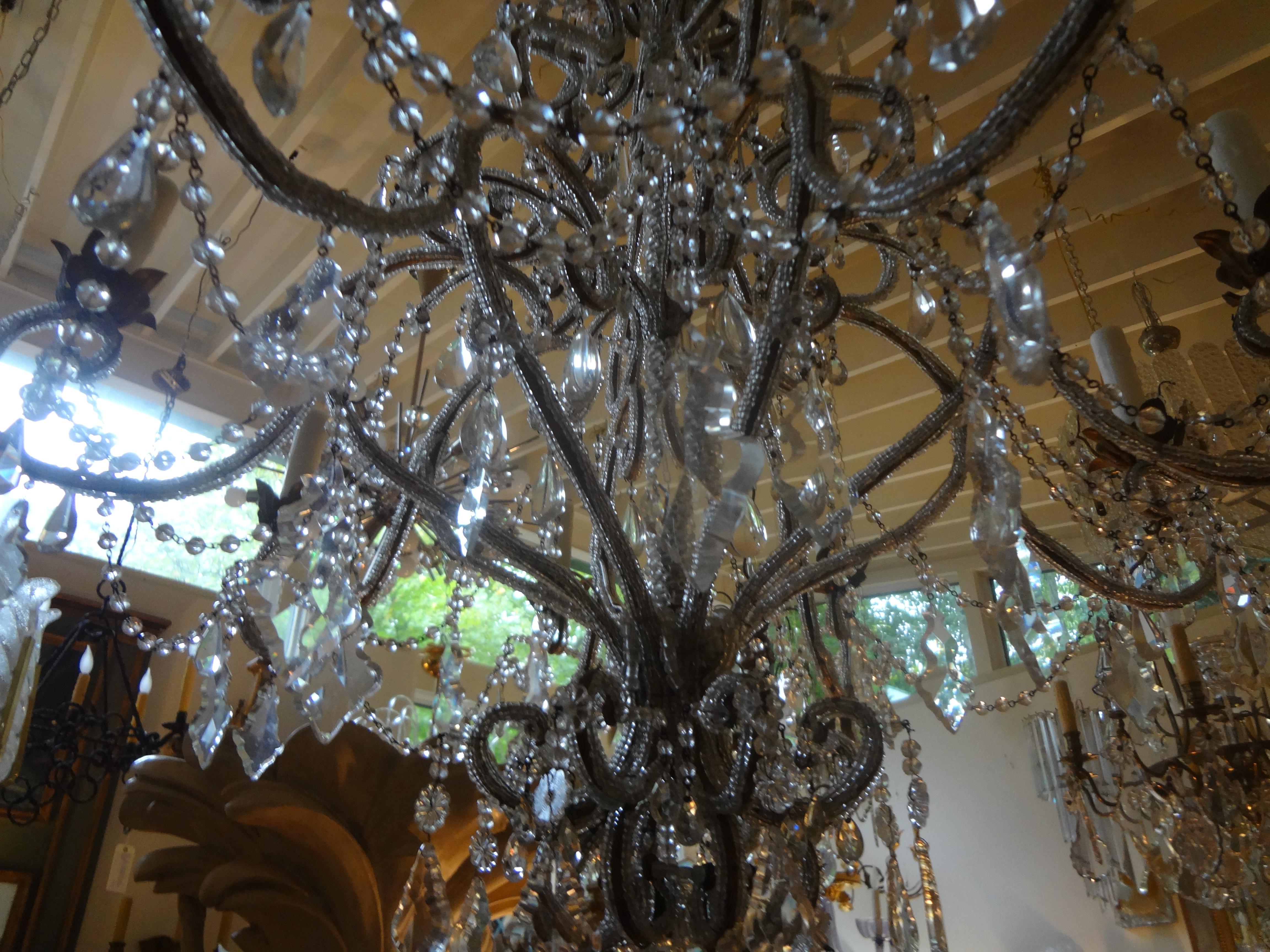 Early 20th Century Monumental Italian Beaded and Crystal Eight-Light Chandelier-Maison Baguès Style