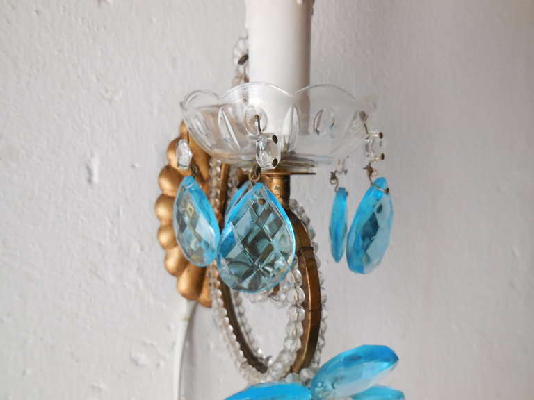 Italian Beaded Aqua Flower Prism Sconces For Sale 5