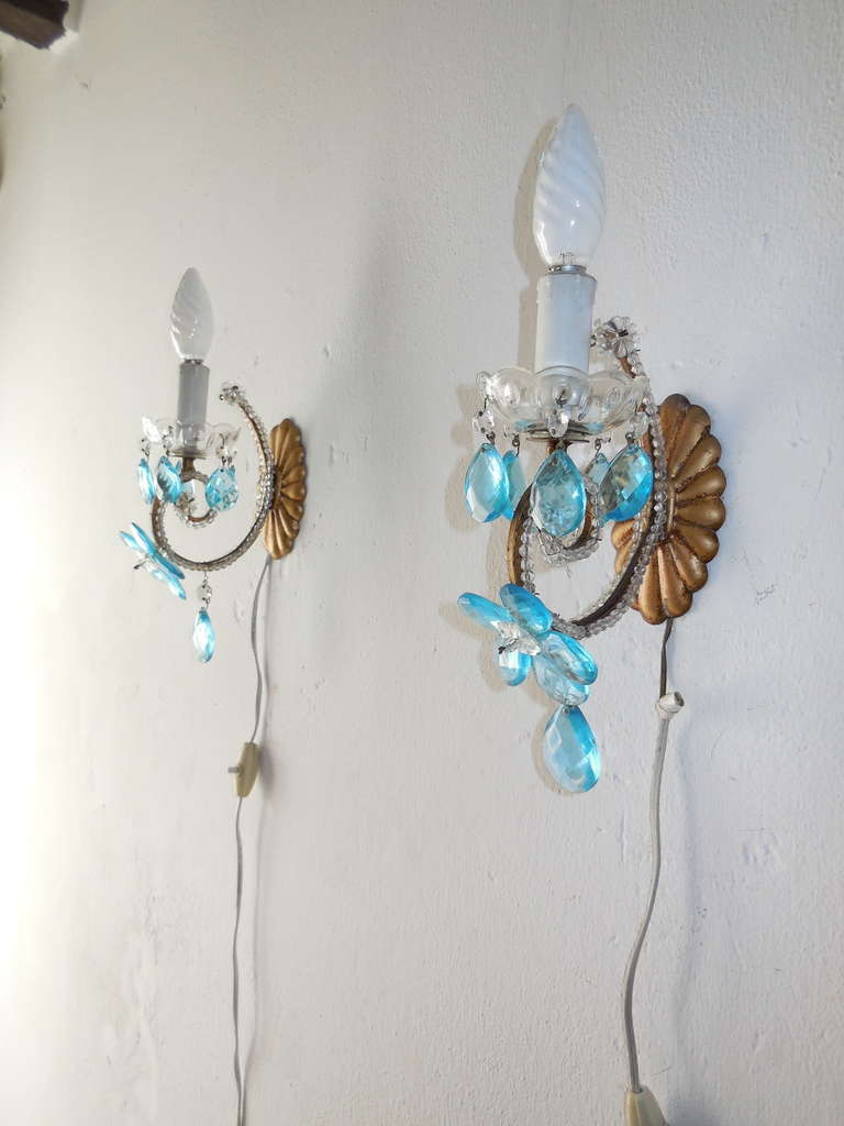 Mid-20th Century Italian Beaded Aqua Flower Prism Sconces For Sale