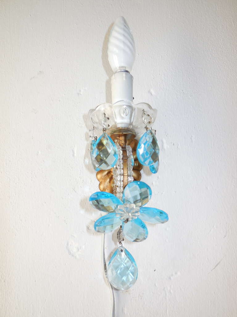 Crystal Italian Beaded Aqua Flower Prism Sconces For Sale