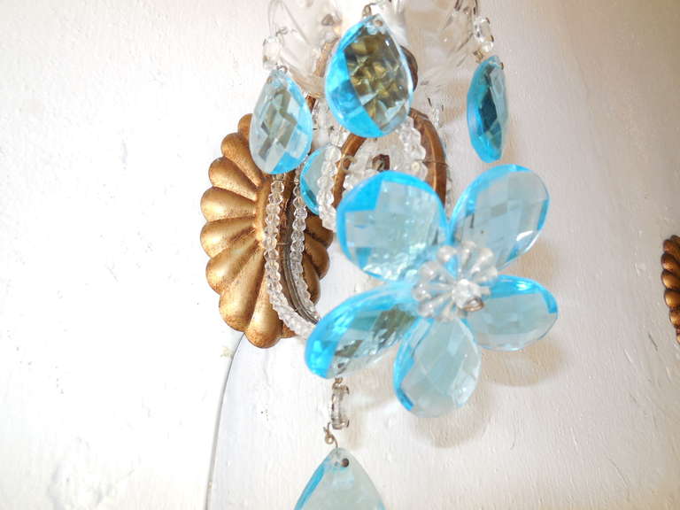 Italian Beaded Aqua Flower Prism Sconces For Sale 2