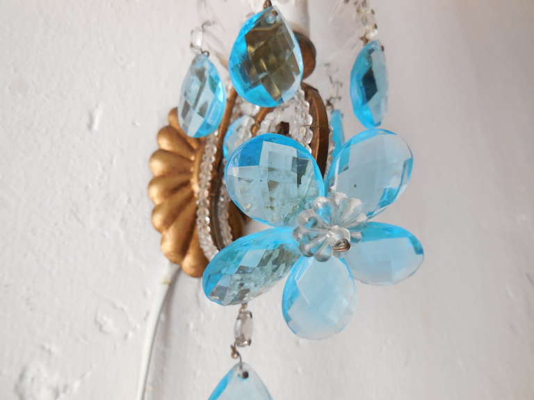 Italian Beaded Aqua Flower Prism Sconces For Sale 3