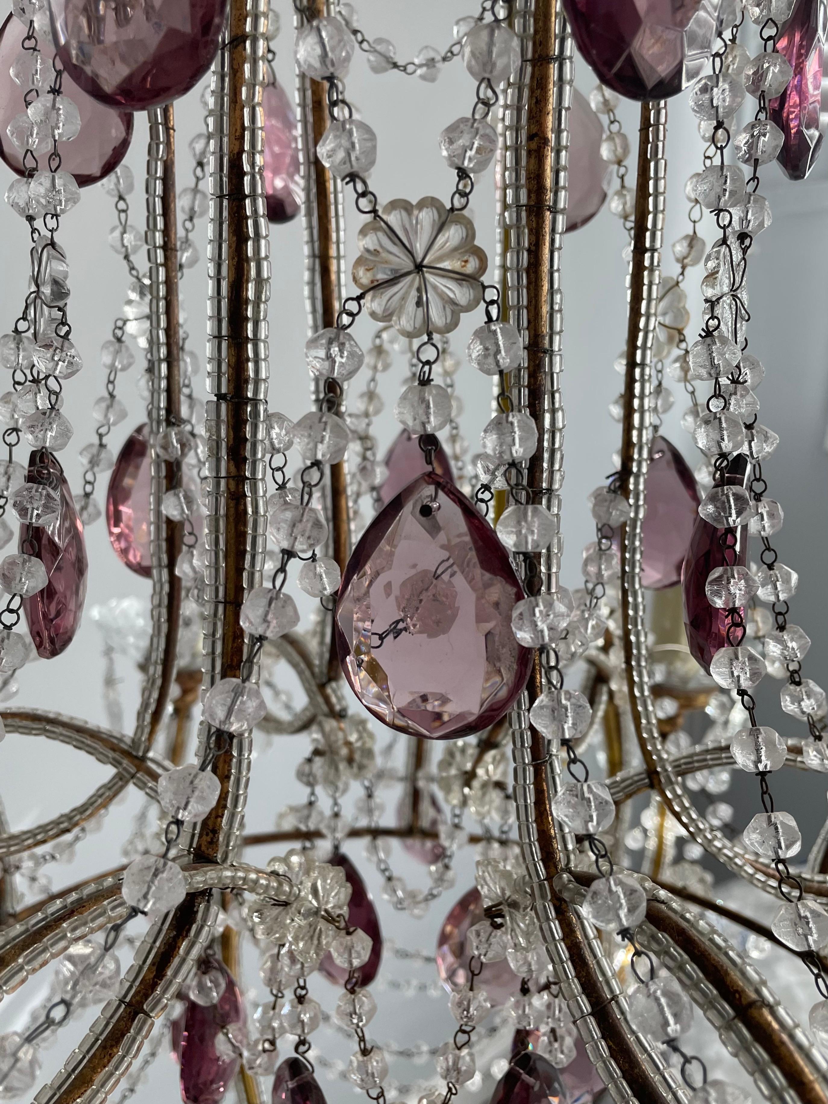 Italian Beaded Chandelier with Amethyst Prisms In Good Condition In Los Angeles, CA