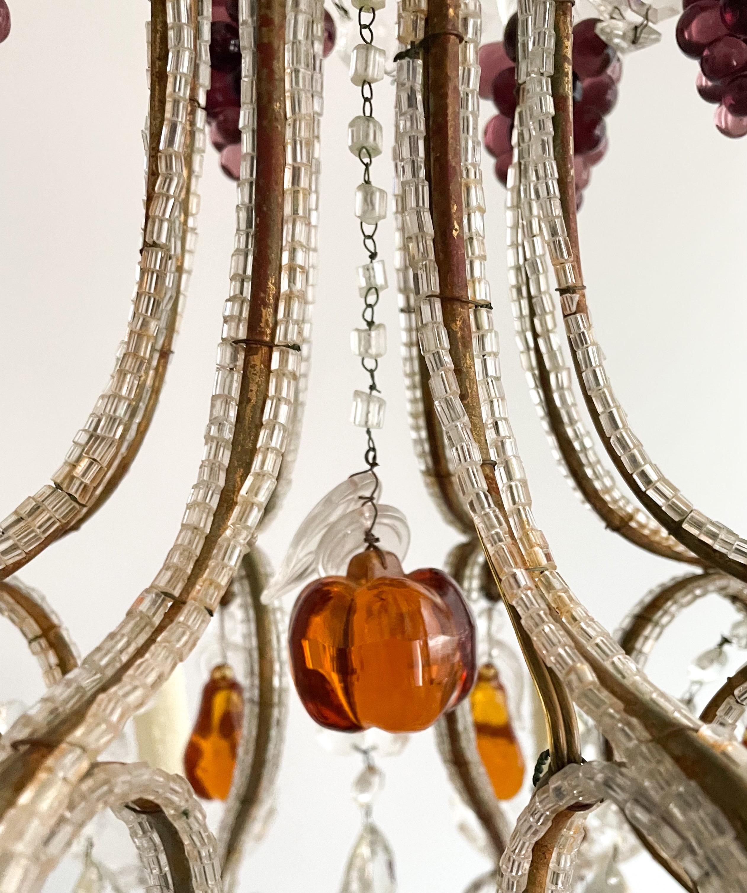 Crystal Italian Beaded Chandelier with Murano Glass Fruit For Sale