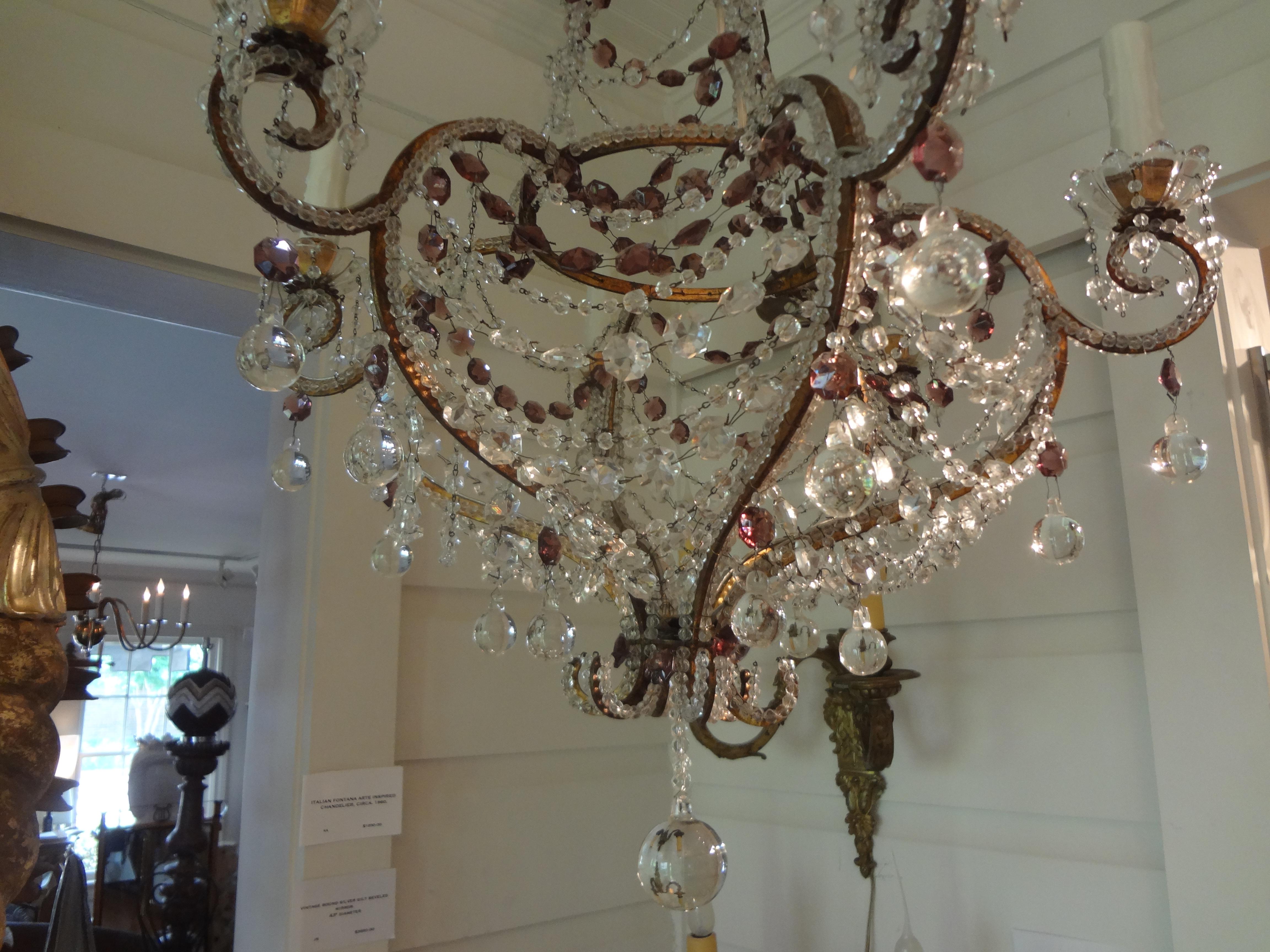 Italian Beaded Clear and Amethyst Crystal Chandelier In Good Condition In Houston, TX