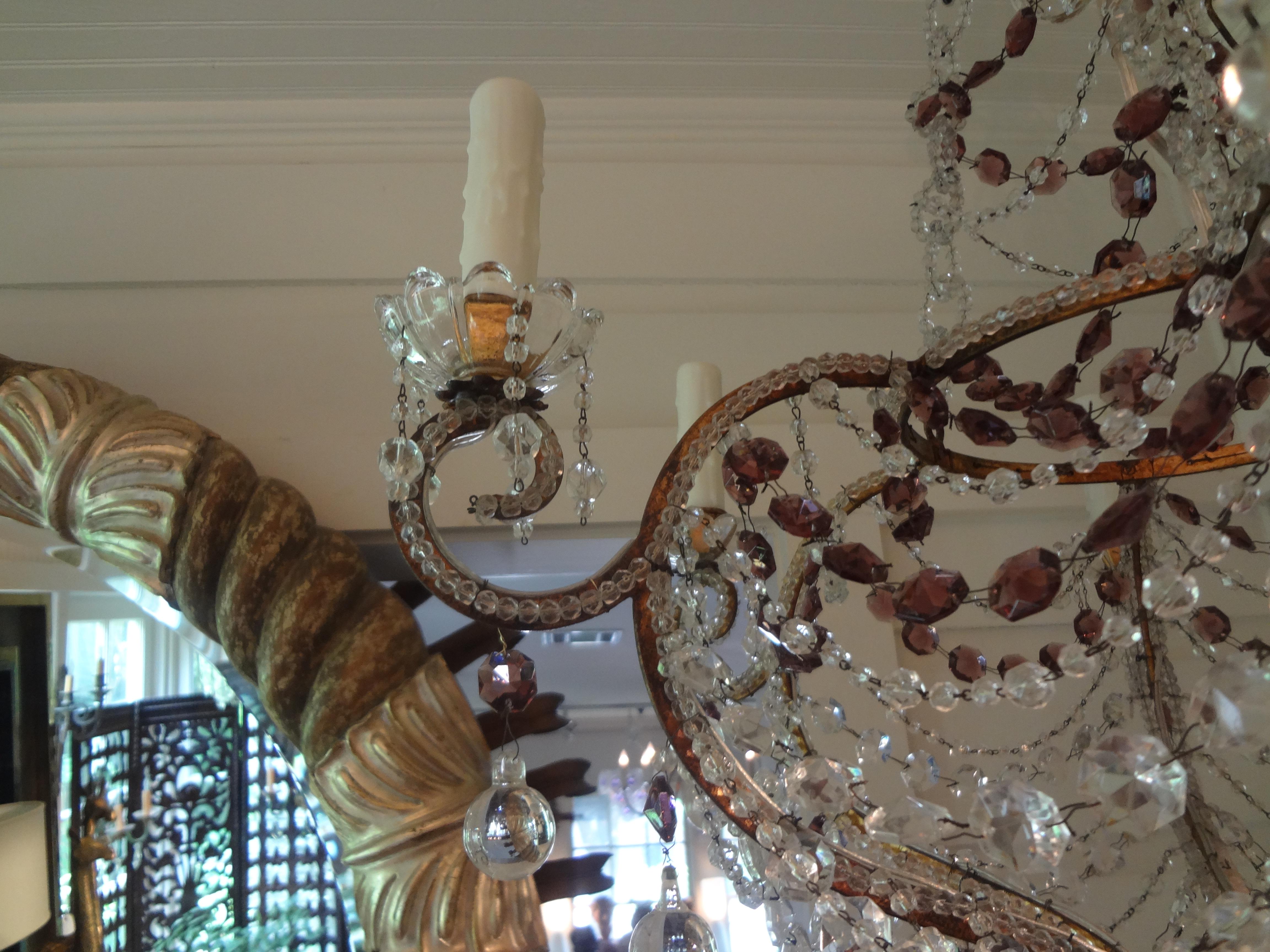 Early 20th Century Italian Beaded Clear and Amethyst Crystal Chandelier