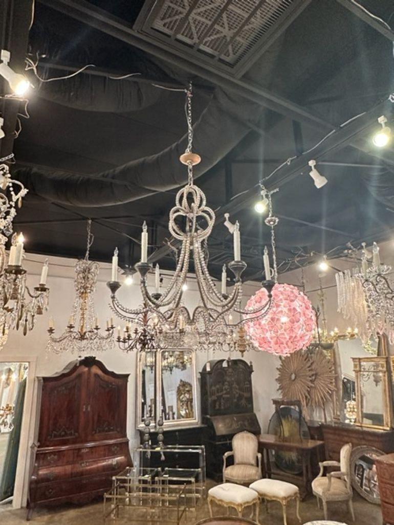 Italian Beaded Crystal and Silver Gilt 6 Light Chandelier In Good Condition For Sale In Dallas, TX