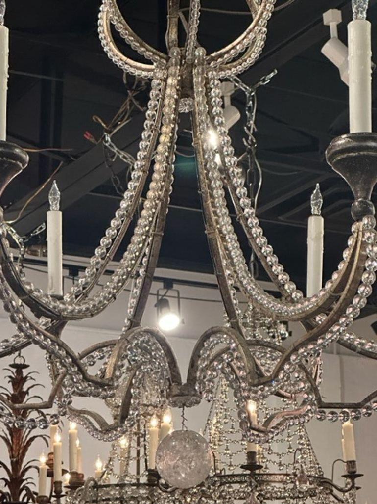 Contemporary Italian Beaded Crystal and Silver Gilt 6 Light Chandelier For Sale