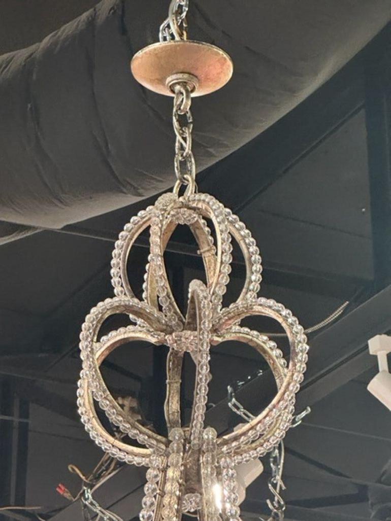 Metal Italian Beaded Crystal and Silver Gilt 6 Light Chandelier For Sale