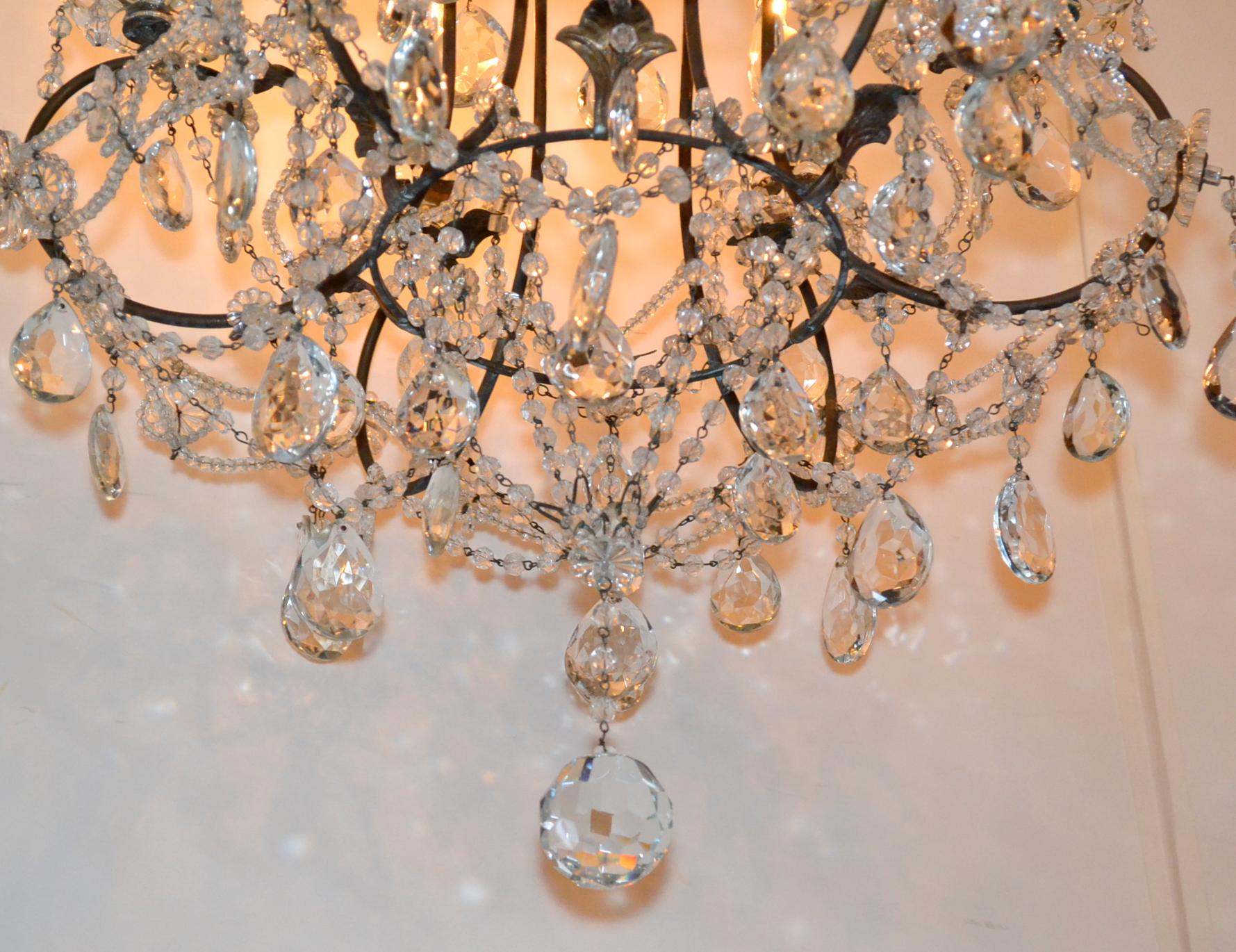Alluring vintage Italian beaded 6-light crystal chandelier.