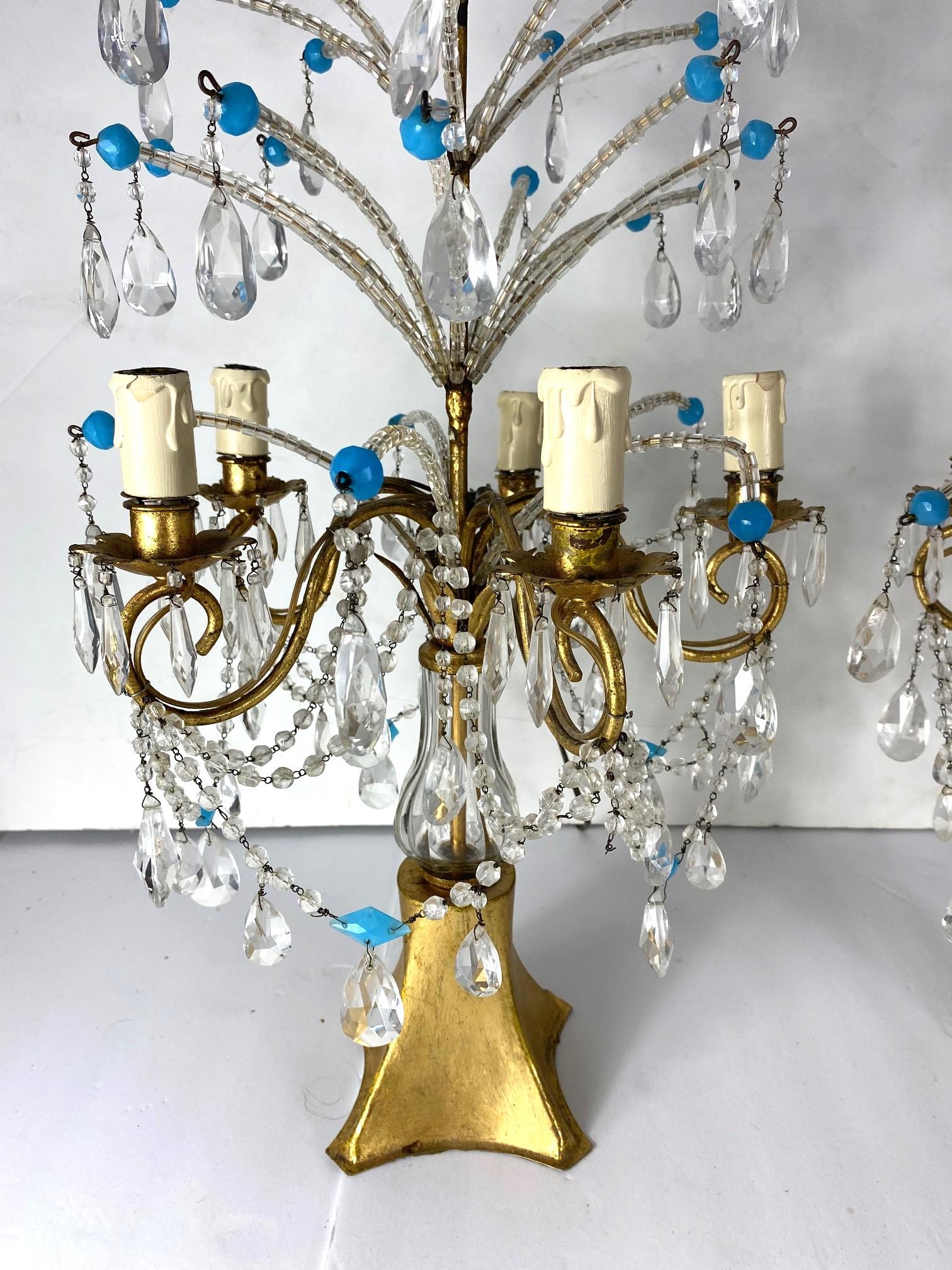 Italian Beaded & Crystal Girandole Lamps Set of 2 In Good Condition For Sale In Pomona, CA