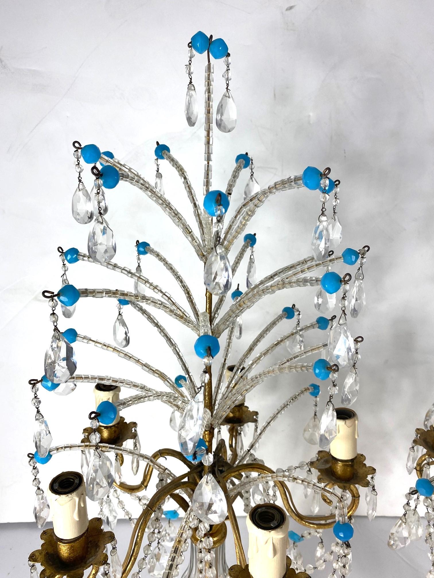 Mid-20th Century Italian Beaded & Crystal Girandole Lamps Set of 2 For Sale