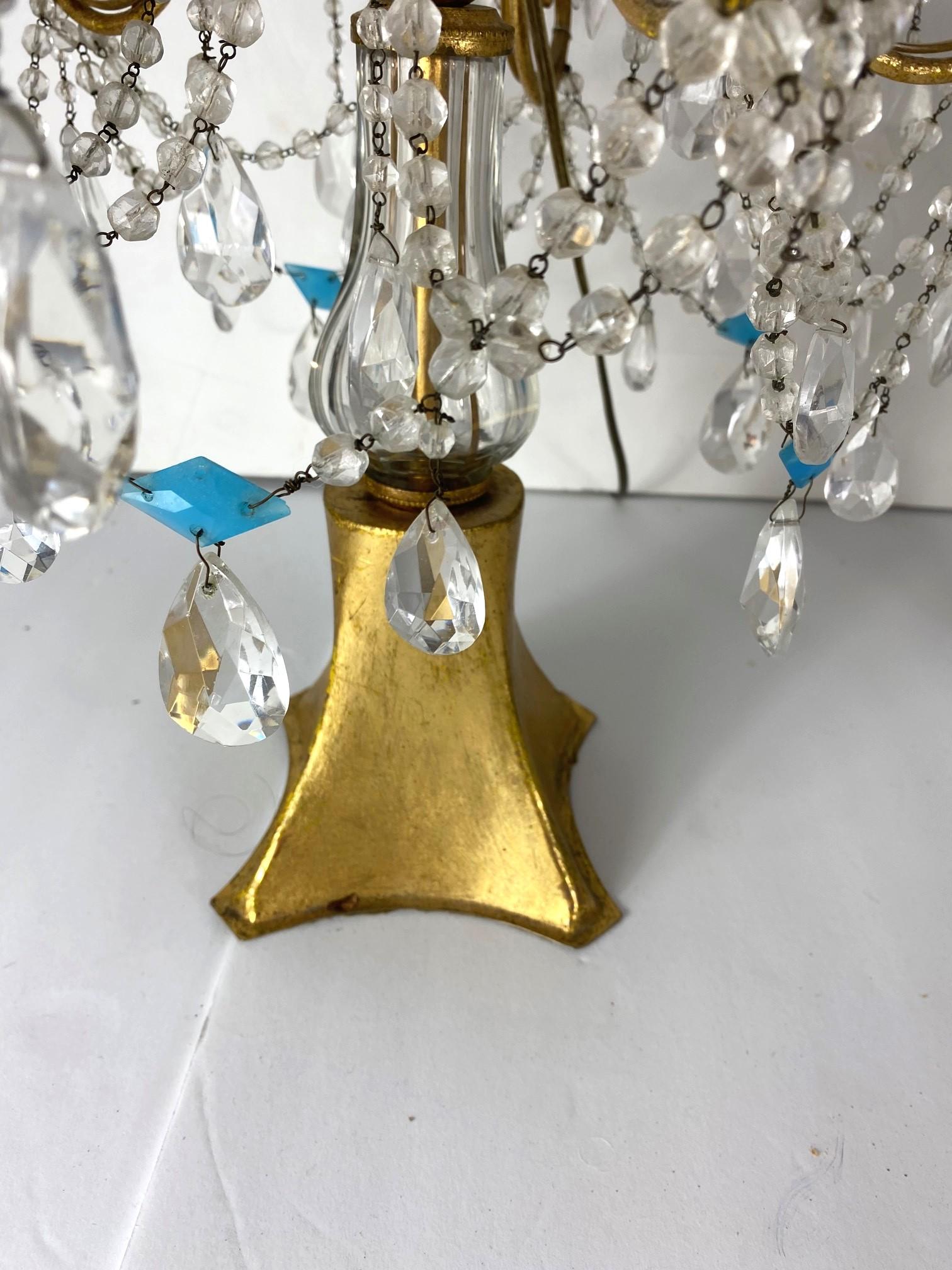 Brass Italian Beaded & Crystal Girandole Lamps Set of 2 For Sale