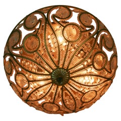 Vintage Italian Beaded Flush Mount Light Fixture, Glass & Metal, 1970s