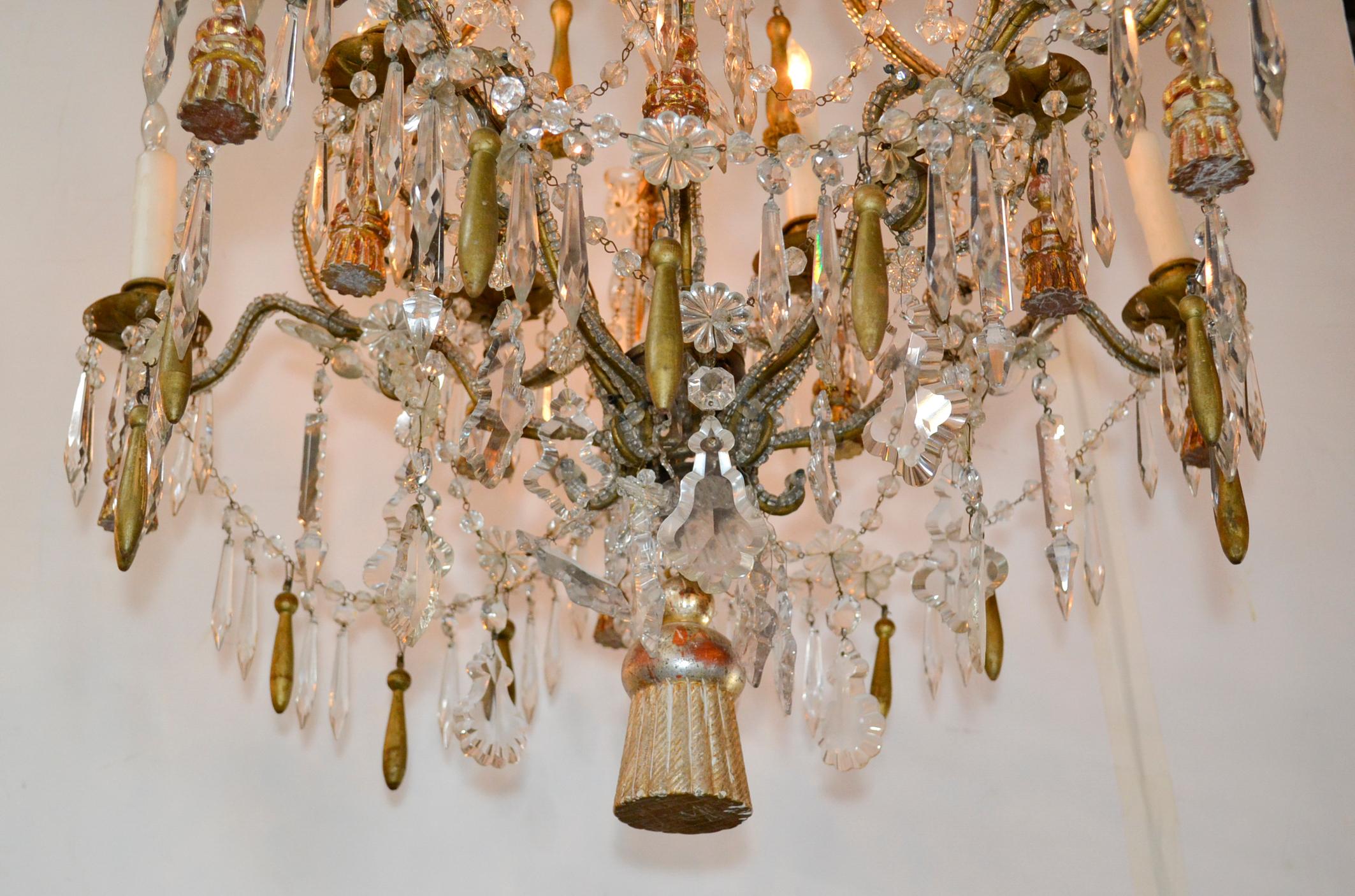 Beautiful antique Italian beaded crystal and giltwood chandelier.