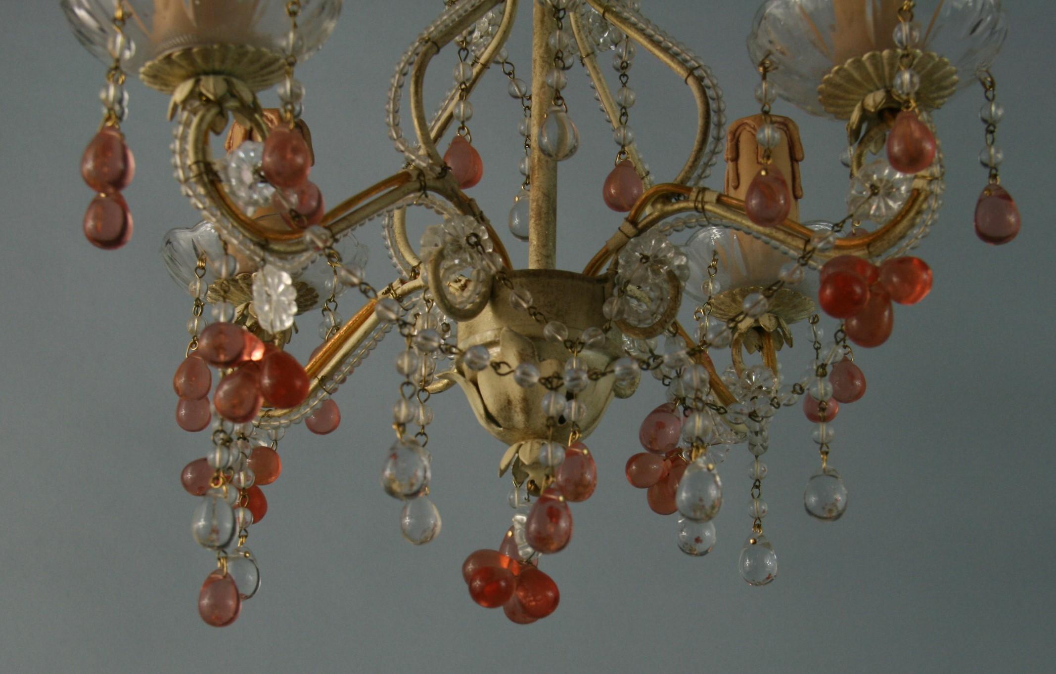 Italian Beaded Glass 4 light Chandelier with Rose Grape Drops 1960's For Sale 5