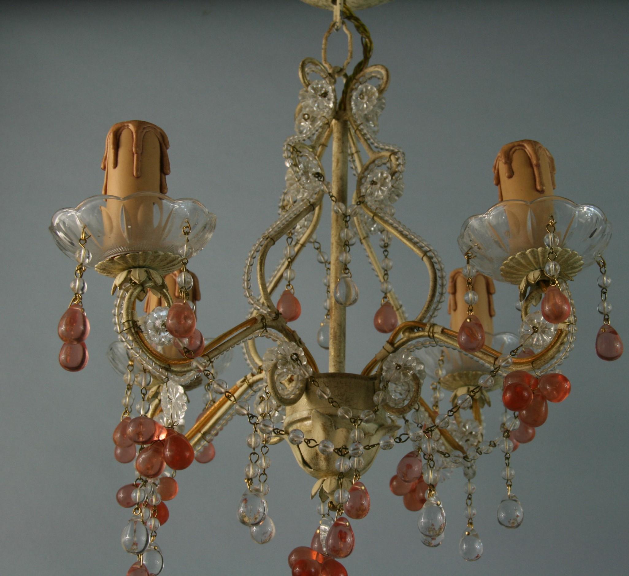 Italian Beaded Glass 4 light Chandelier with Rose Grape Drops 1960's For Sale 6