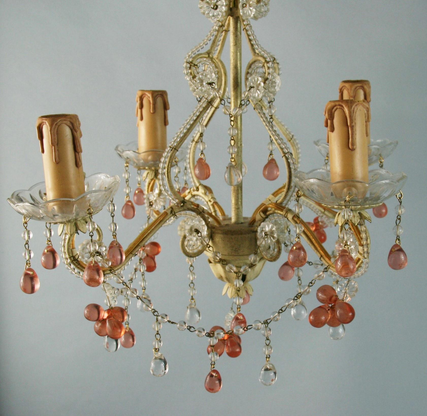 Italian Beaded Glass 4 light Chandelier with Rose Grape Drops 1960's For Sale 7