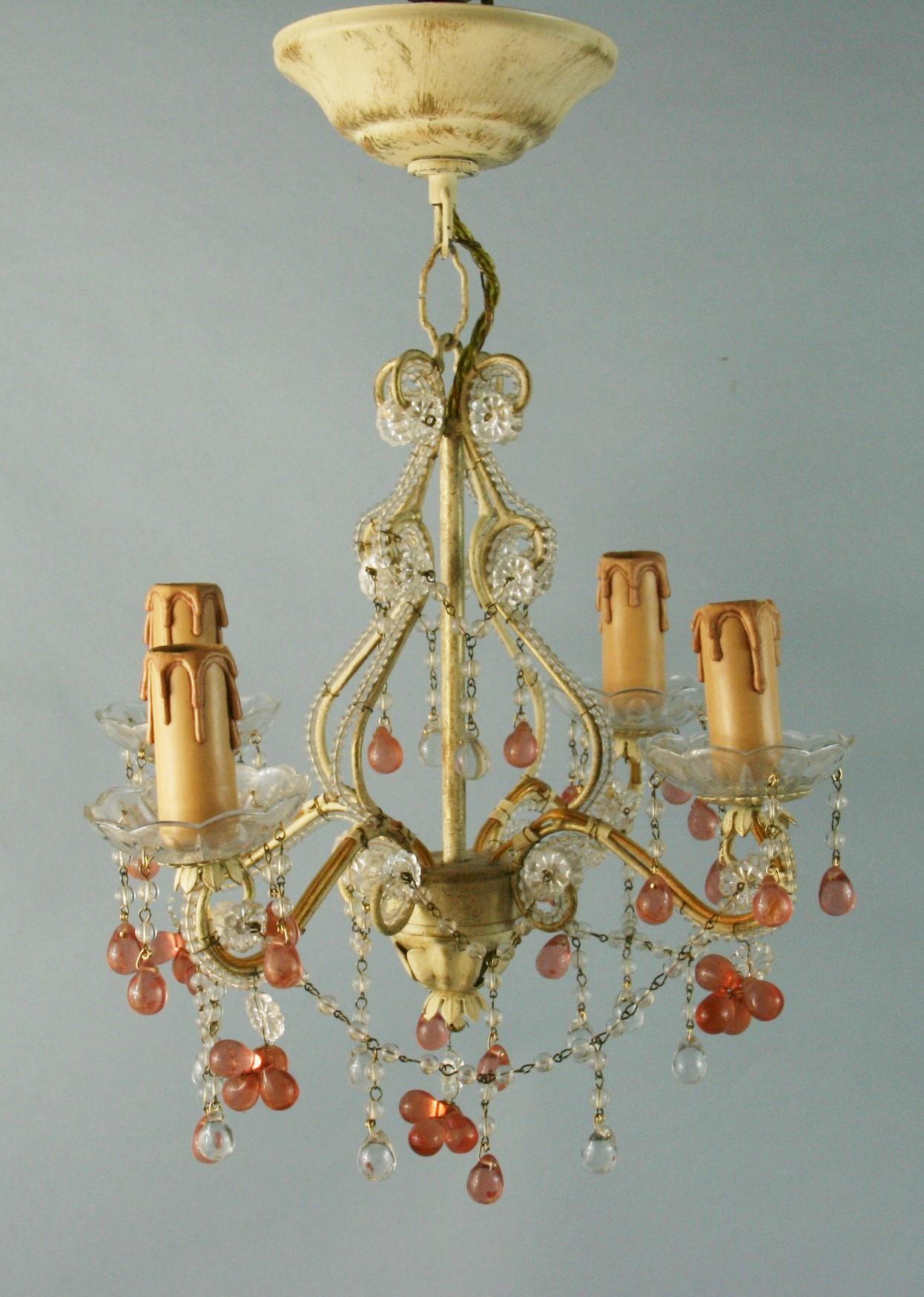 3-816 Italian small beaded glass 4 light chandelier with rose grape drops.