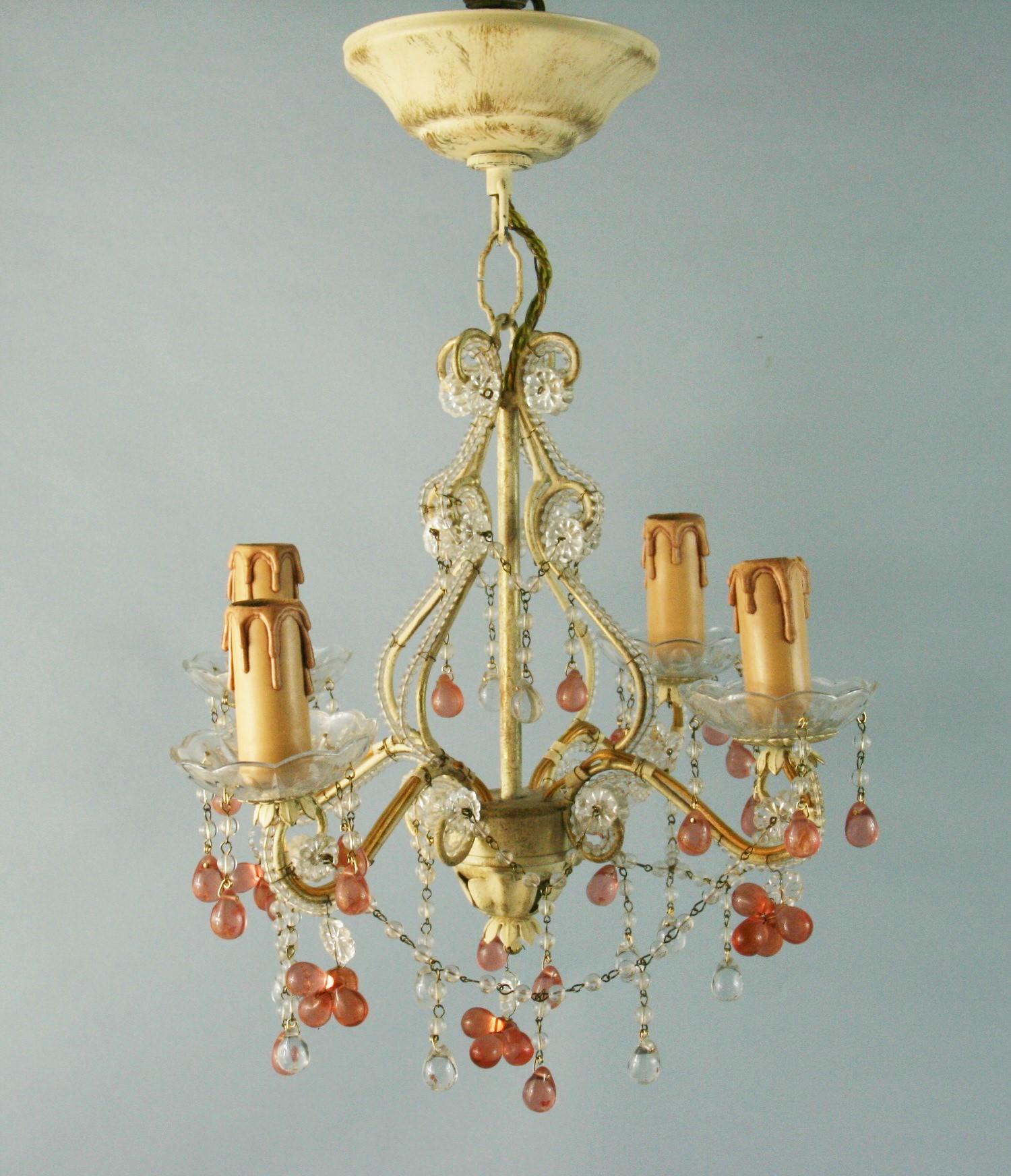 Italian Beaded Glass 4 light Chandelier with Rose Grape Drops 1960's In Good Condition For Sale In Douglas Manor, NY