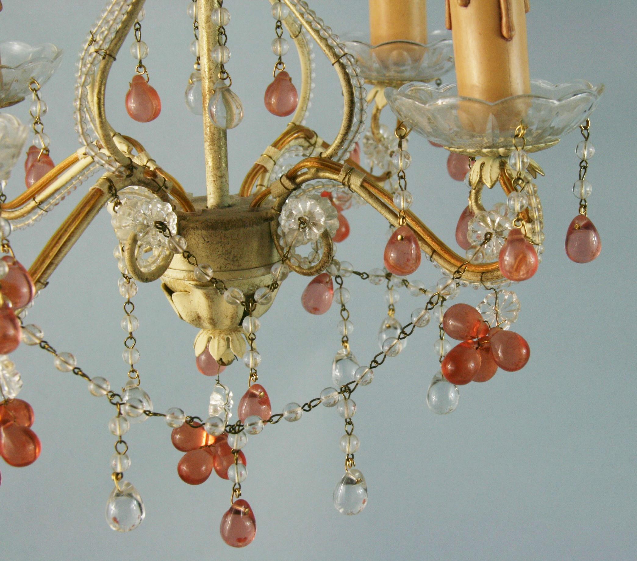 Mid-20th Century Italian Beaded Glass 4 light Chandelier with Rose Grape Drops 1960's For Sale