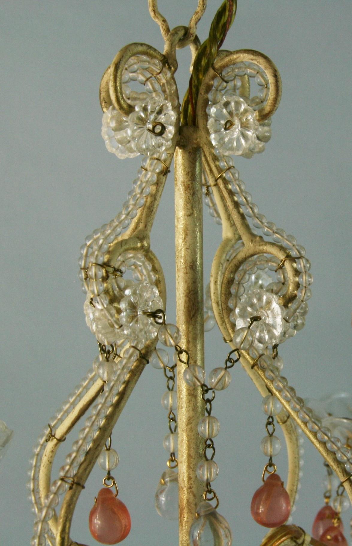 Metal Italian Beaded Glass 4 light Chandelier with Rose Grape Drops 1960's For Sale