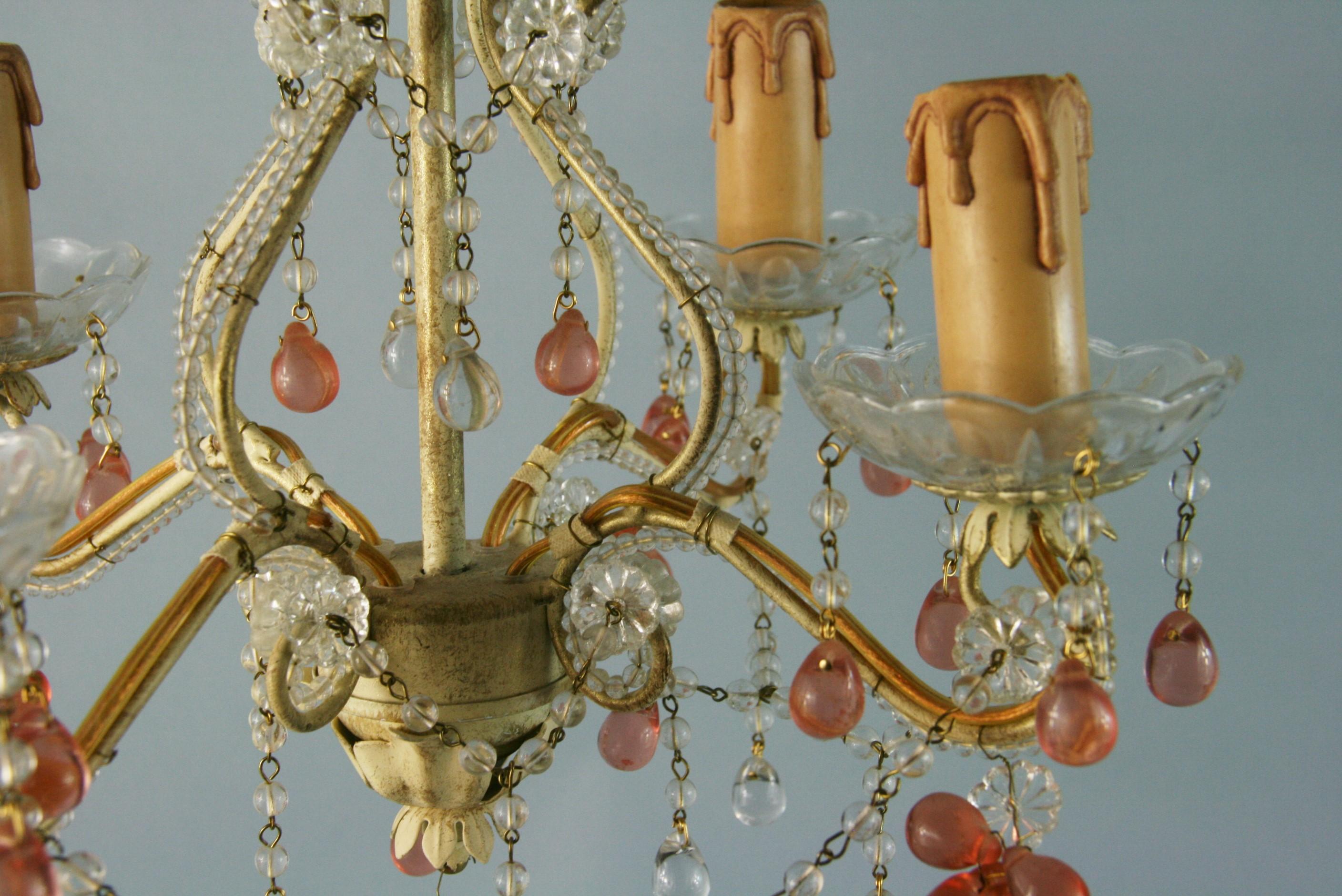 Italian Beaded Glass 4 light Chandelier with Rose Grape Drops 1960's For Sale 1