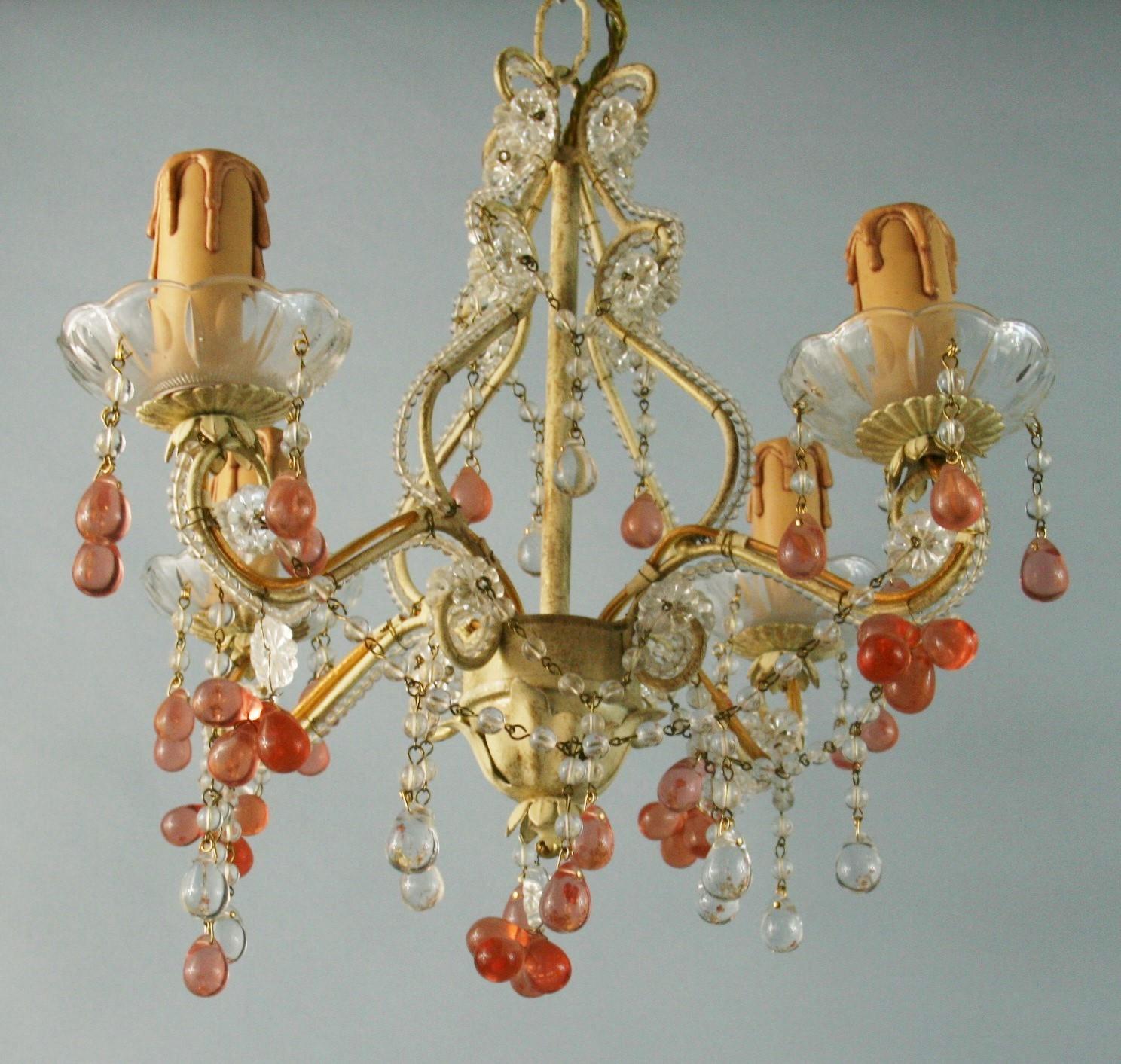 Italian Beaded Glass 4 light Chandelier with Rose Grape Drops 1960's For Sale 4