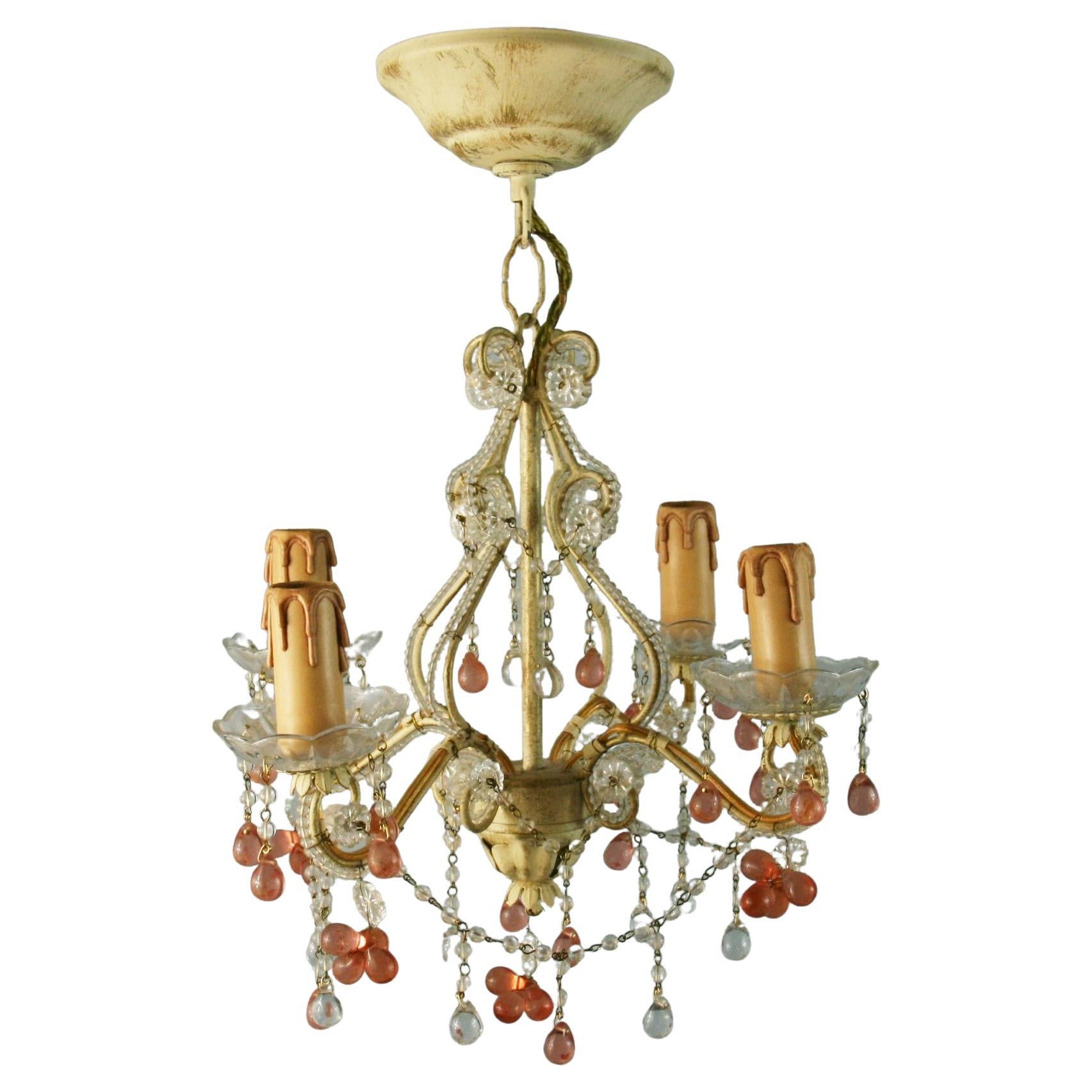 Italian Beaded Glass 4 light Chandelier with Rose Grape Drops 1960's For Sale