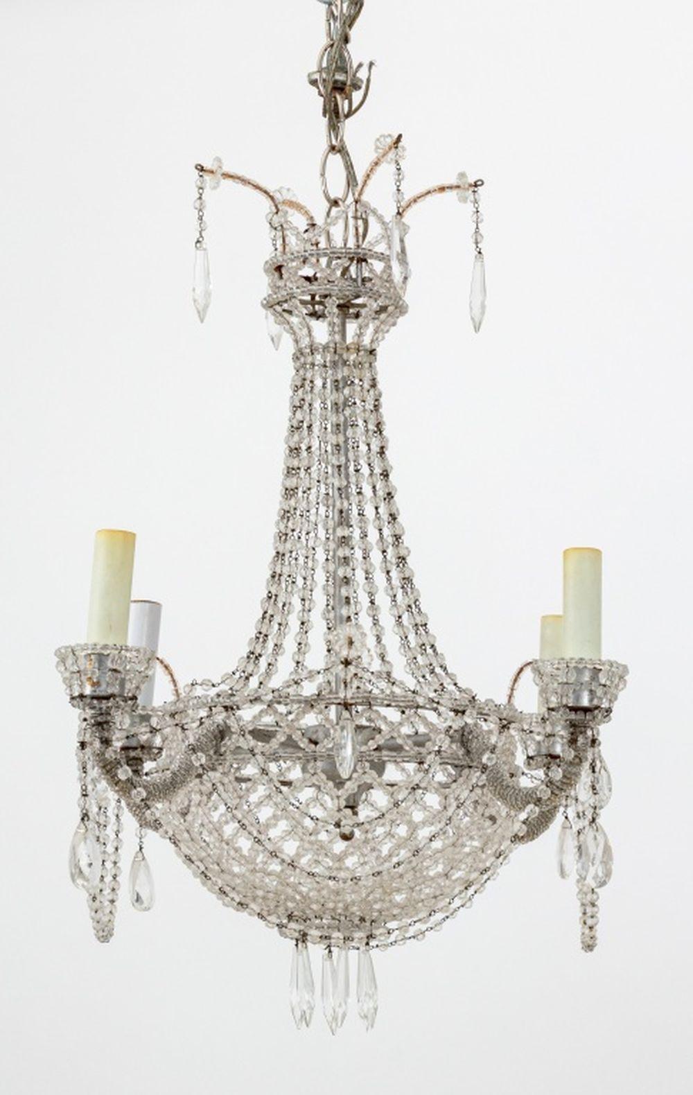 Italian Beaded Glass Basket Four-Branch Chandelier, chrome-plated iron frame. 24