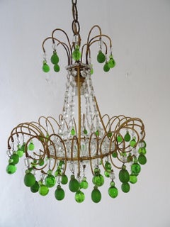 Italienischer Kronleuchter mit grünen Murano-Perlen und Tropfen, um 1920