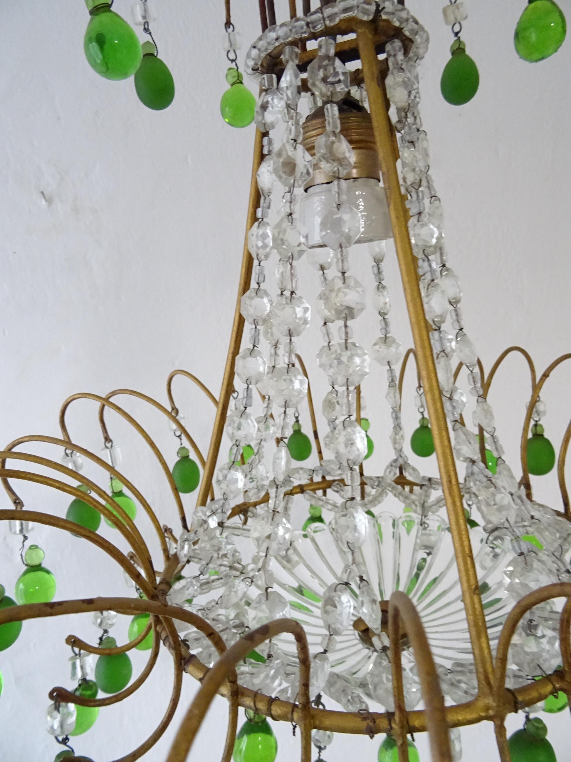 Early 20th Century Italian Beaded Green Murano Drops Tiered Chandelier c 1920 For Sale