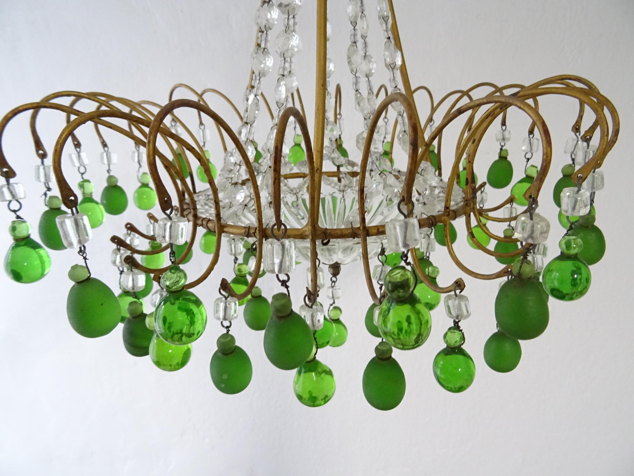 Crystal Italian Beaded Green Murano Drops Tiered Chandelier c 1920 For Sale