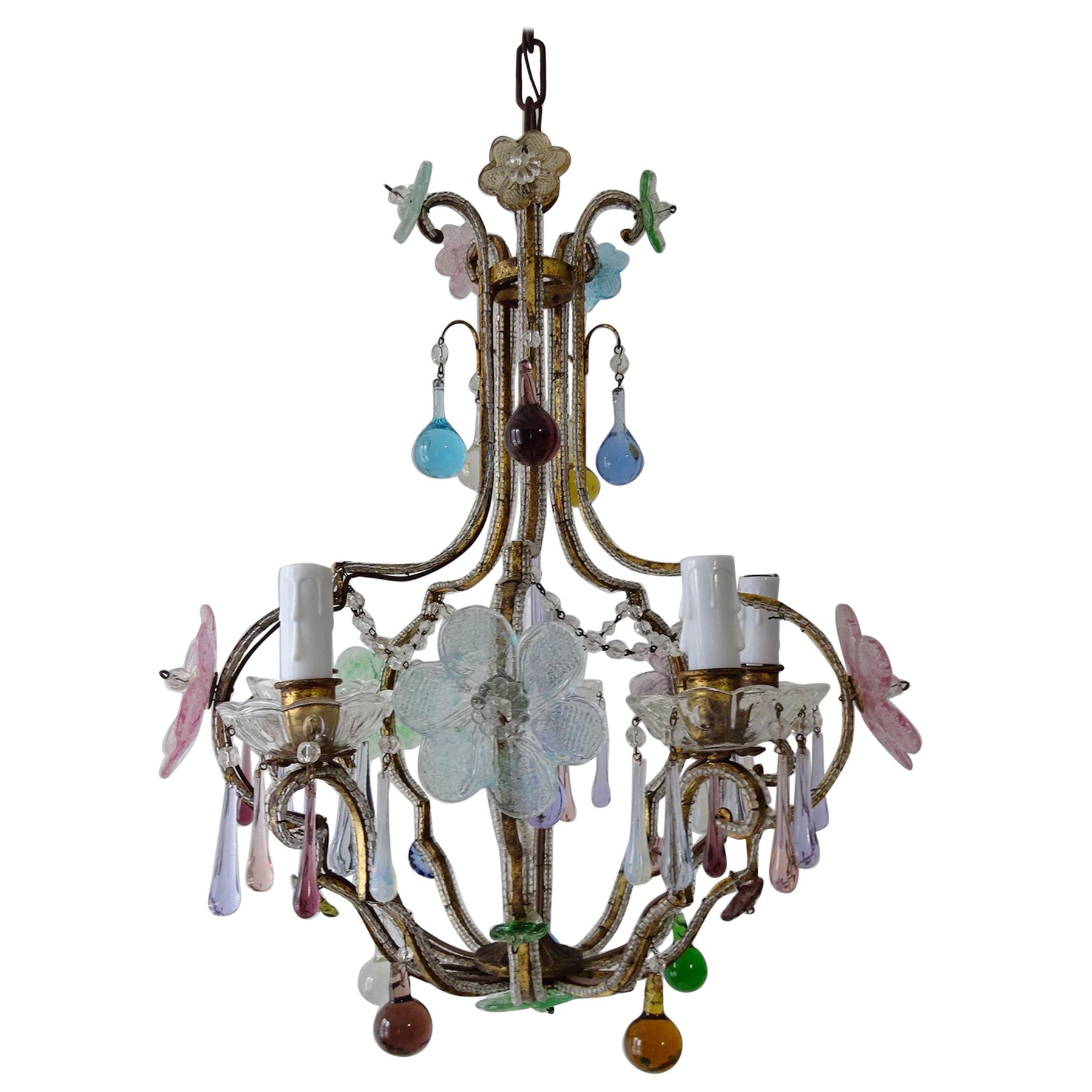 Italian Beaded Murano Multi-Color Drops and Flowers Chandelier, circa 1930 For Sale